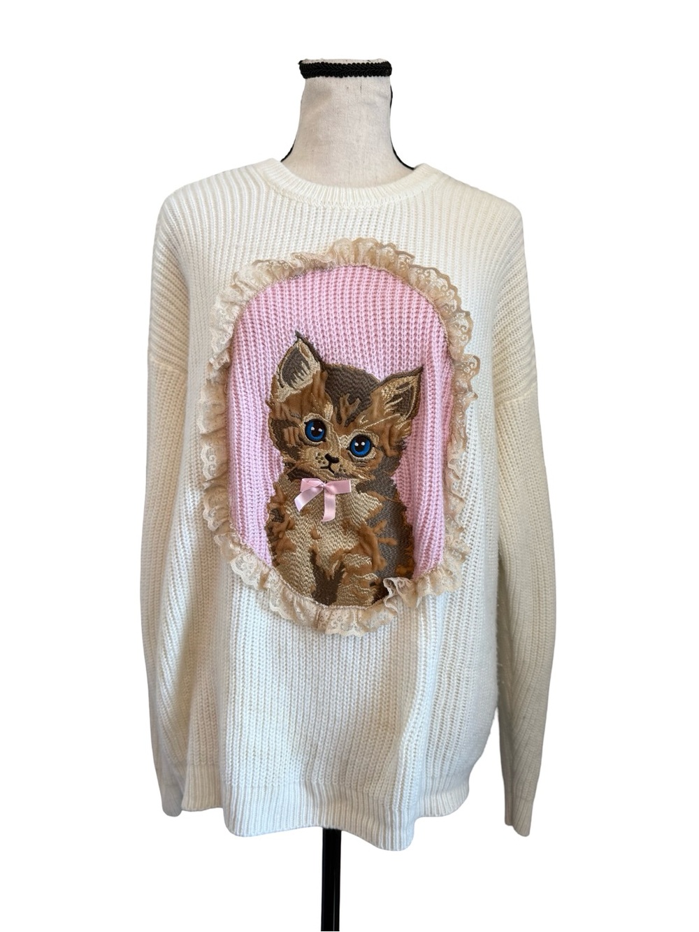 Sweet Society Hot Topic Kitten Embroidered Knit Sweater Lace Bow Coquette S/M